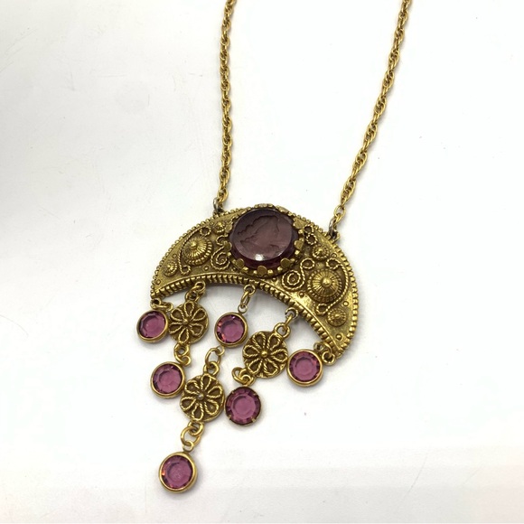 Vintage Goldette Intaglio Necklace Purple Glass Cameo Pendant with Dangle Drops - Picture 1 of 11